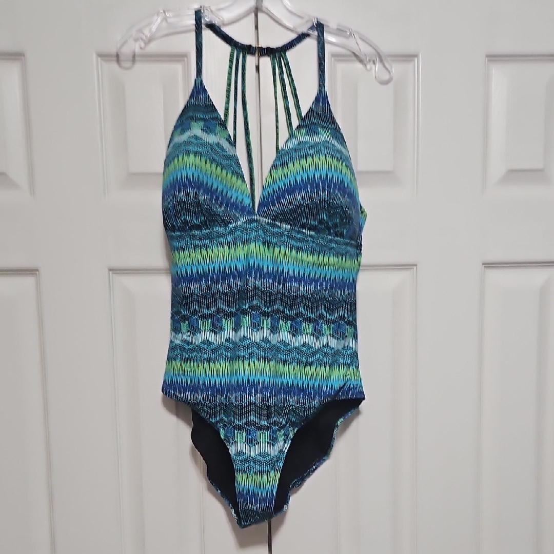 La Blanca Bright Blue And Green Geometric One-Piece Swimsuit Womens 14 Euc